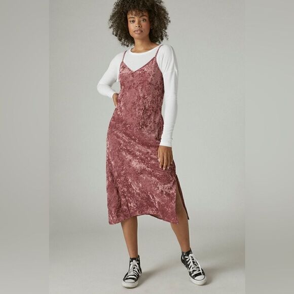 Lucky Brand Pink Crushed Velvet Slip Party Midi Dress Size Large - Picture 1 of 16
